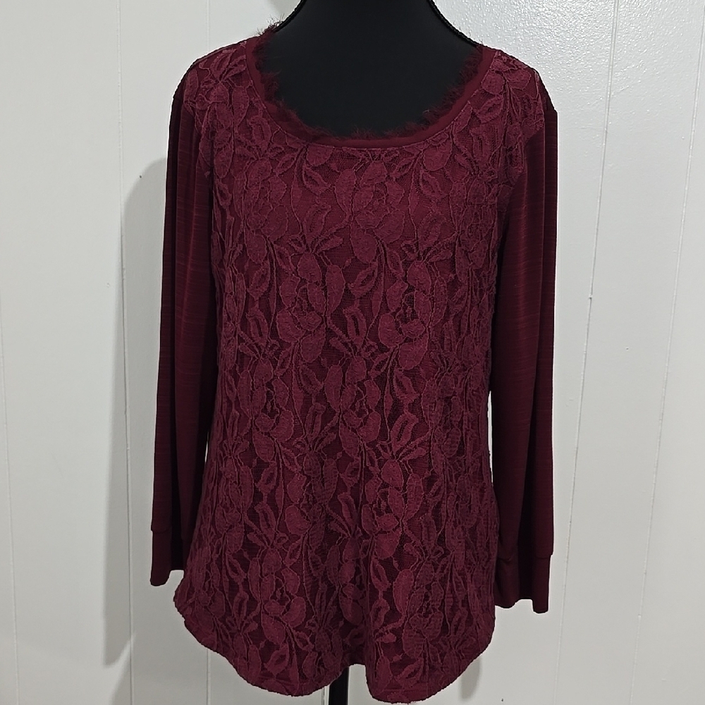 Halo Wine Lace  Long Sleeve Blouse L